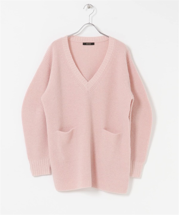 混羊駝毛蓬袖V領長版針織衫(粉紅色-FREE-PINK)