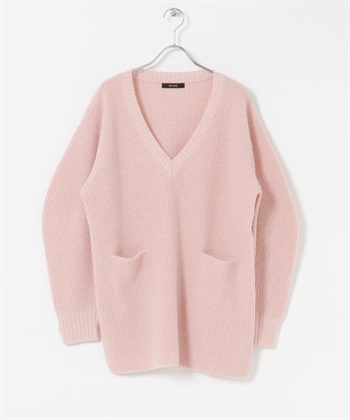 混羊駝毛蓬袖V領長版針織衫(粉紅色-FREE-PINK)