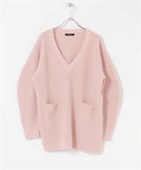 混羊駝毛蓬袖V領長版針織衫(粉紅色-FREE-PINK)