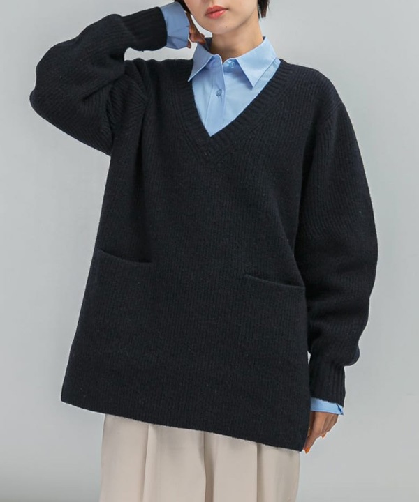 混羊駝毛蓬袖V領長版針織衫