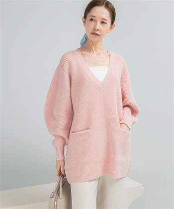 混羊駝毛蓬袖V領長版針織衫