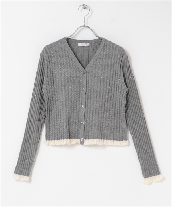 F by ROSSO 亮片荷葉邊羅紋開襟衫(灰色-FREE-GRAY)