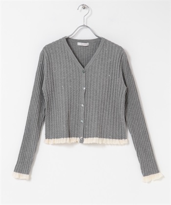 F by ROSSO 亮片荷葉邊羅紋開襟衫(灰色-FREE-GRAY)