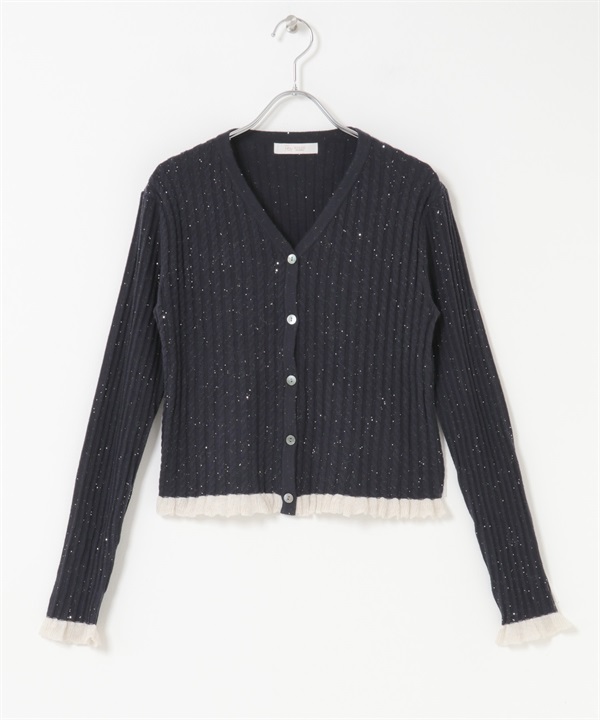 F by ROSSO 亮片荷葉邊羅紋開襟衫(藏青色-FREE-NAVY)