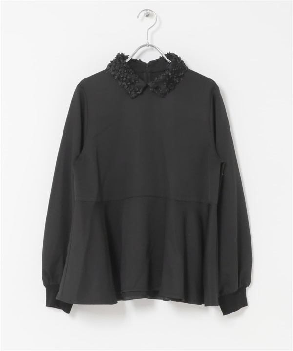 F by ROSSO 蕾絲領荷葉下襬罩衫(黑色-FREE-BLACK)