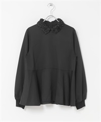 F by ROSSO 蕾絲領荷葉下襬罩衫(黑色-FREE-BLACK)