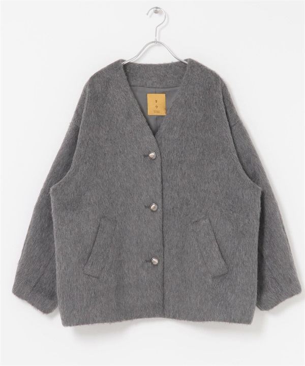 F by ROSSO / UR TECH 絨毛無領大衣(灰色-FREE-CHARCOAL GRAY)