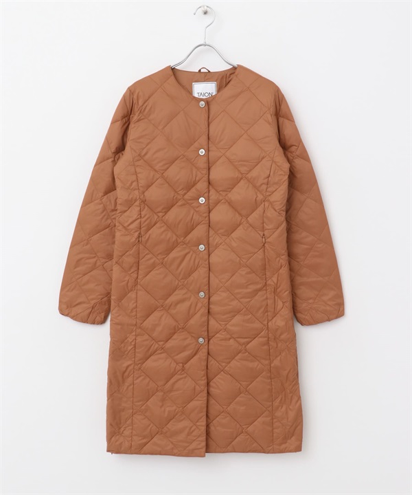 TAION 可收納圓領長版羽絨外套(磚紅色-M-LIGHT BROWN)