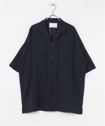 URBAN RESEARCH iD /  民族風蕾絲開領襯衫(藏青色-M-NAVY)