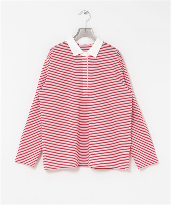 襯衫領多彩橫紋上衣(紅色-FREE-RED)