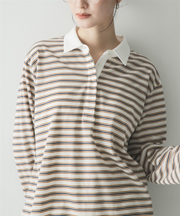 襯衫領多彩橫紋上衣