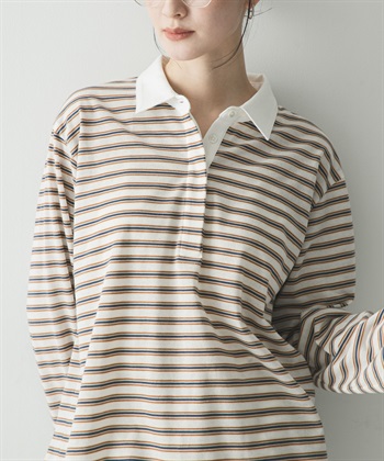 襯衫領多彩橫紋上衣