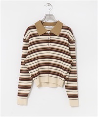 絲棉POLO領針織衫(棕色條紋-FREE-COLOR A)