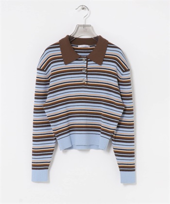 絲棉POLO領針織衫(藍色條紋-FREE-COLOR B)