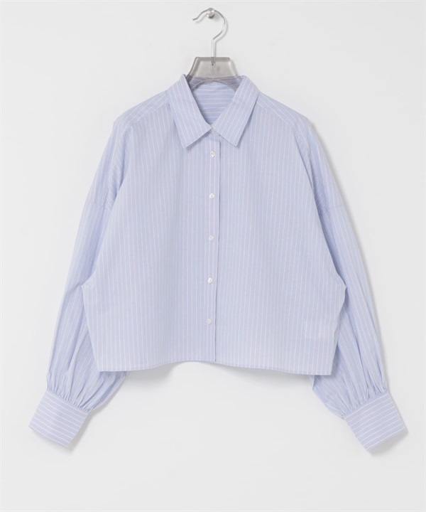 附領巾寬鬆短版襯衫(藍色條紋-FREE-STRIPE)