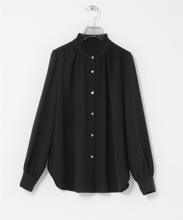 多臂直條紋荷葉邊罩衫(黑色-FREE-BLACK)