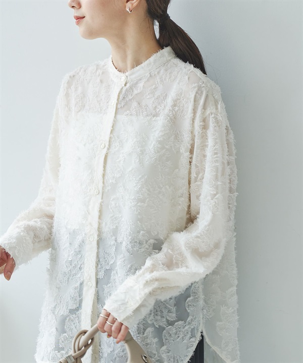 剪花緹織立領襯衫