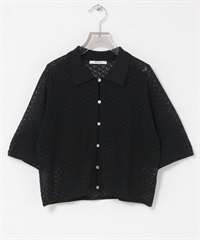 襯衫領蕾絲針織衫(黑色-FREE-BLACK)