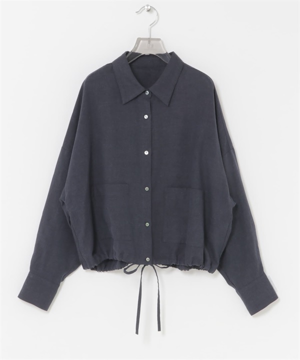 苧麻嫘縈寬鬆短版襯衫(藏青色-FREE-NAVY)