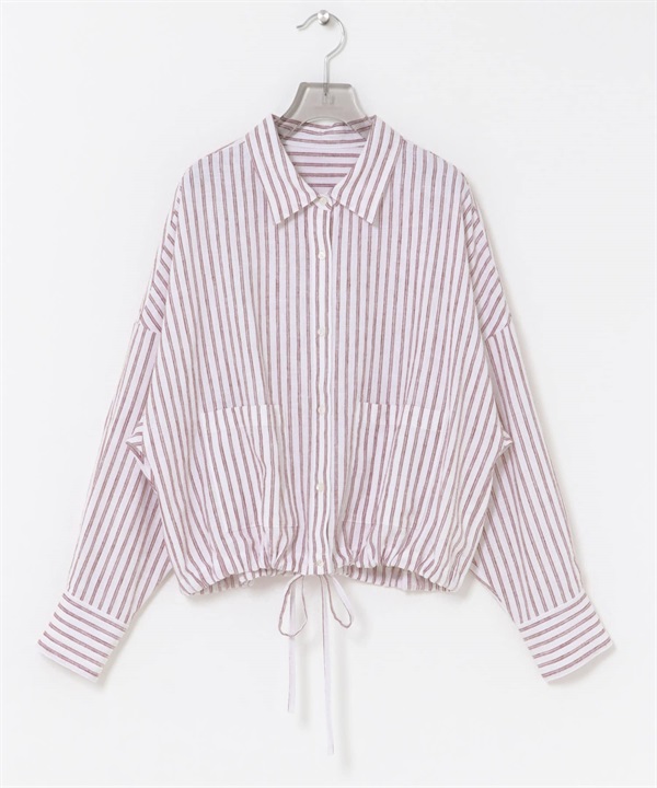 苧麻嫘縈寬鬆短版襯衫(紅色條紋-FREE-其他紅色)