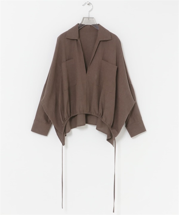 苧麻嫘縈碎褶下襬襯衫(棕色-FREE-BROWN)