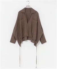 苧麻嫘縈碎褶下襬襯衫(棕色-FREE-BROWN)