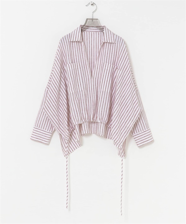 苧麻嫘縈碎褶下襬襯衫(紅色條紋-FREE-其他紅色)