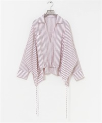 苧麻嫘縈碎褶下襬襯衫(紅色條紋-FREE-其他紅色)