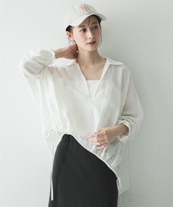 苧麻嫘縈碎褶下襬襯衫