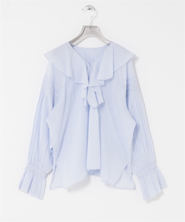 棉質巴里紗荷葉邊罩衫(淺藍色-FREE-其他藍色)