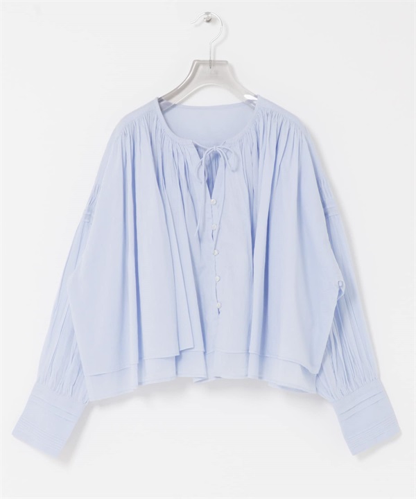 棉質巴里紗碎褶短版罩衫(淺藍色-FREE-其他藍色)