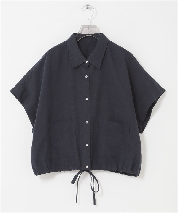 苧麻嫘縈五分袖襯衫(藏青色-FREE-NAVY)