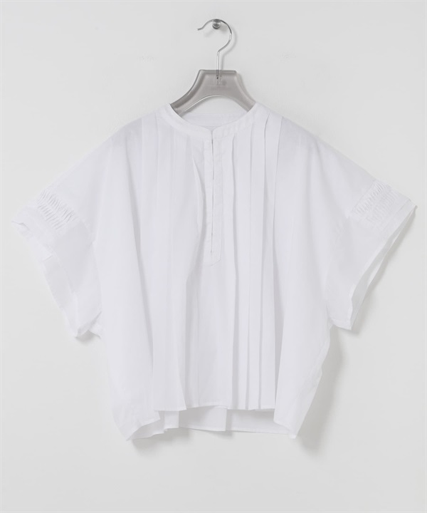 打褶五分袖短版襯衫(米白色-FREE-OFF WHITE)