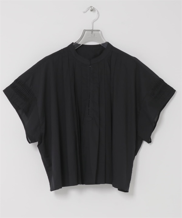 打褶五分袖短版襯衫(黑色-FREE-BLACK)