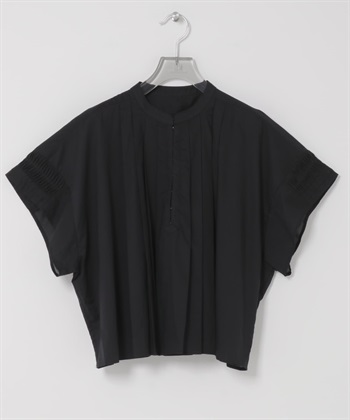 打褶五分袖短版襯衫(黑色-FREE-BLACK)