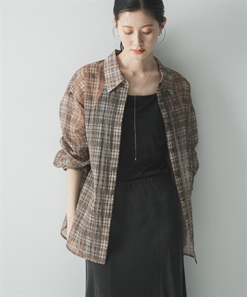 透膚格紋寬版襯衫