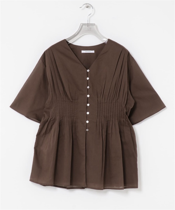 棉質巴里紗打褶設計罩衫(棕色-FREE-BROWN)