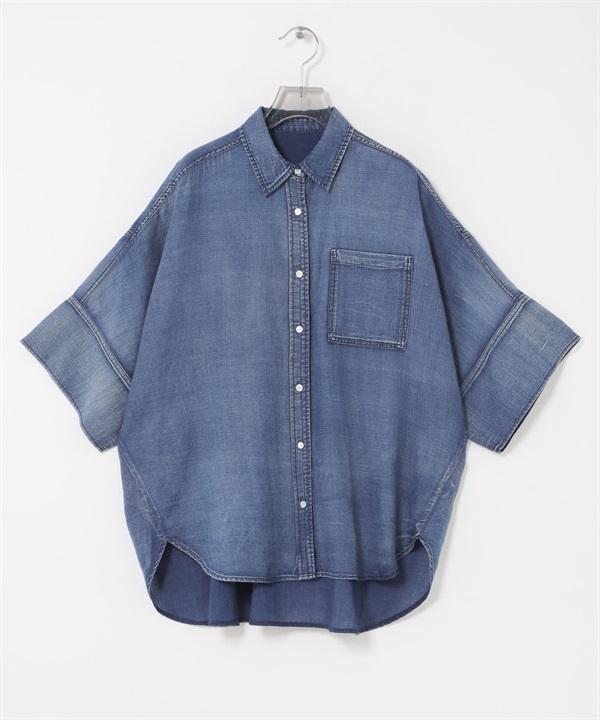 五分袖透膚牛仔襯衫(藍色-FREE-BLUE)