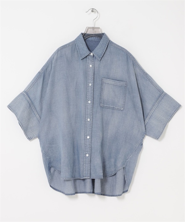 五分袖透膚牛仔襯衫(薩克斯藍-FREE-其他藍色)