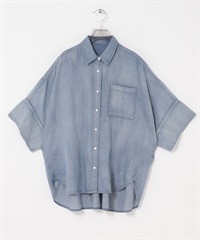 五分袖透膚牛仔襯衫(薩克斯藍-FREE-其他藍色)