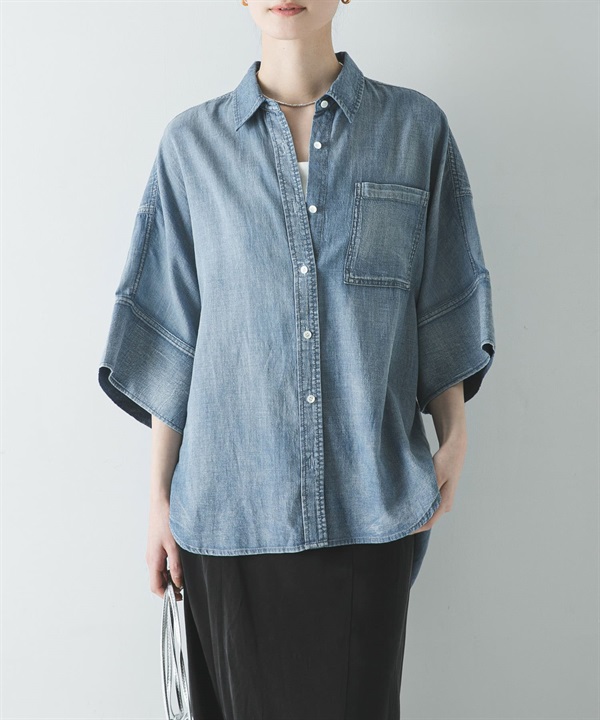 五分袖透膚牛仔襯衫