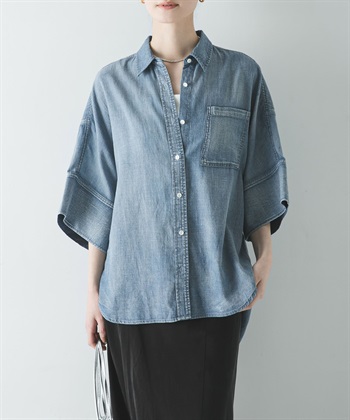 五分袖透膚牛仔襯衫