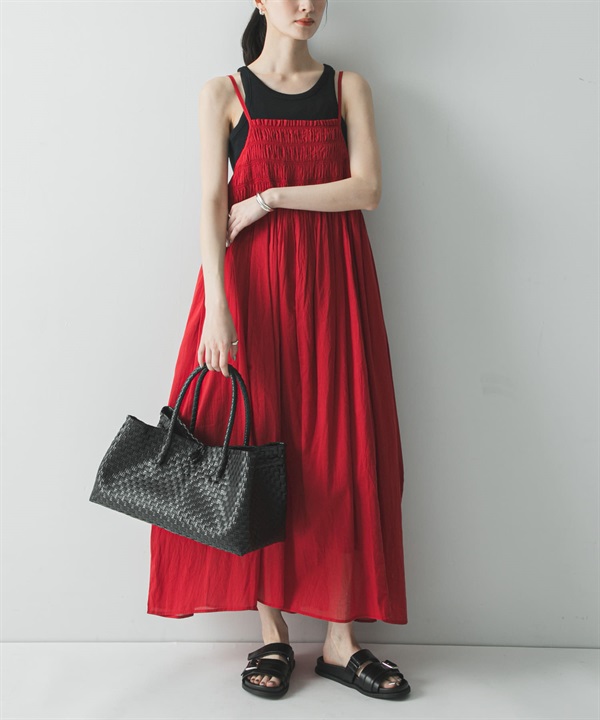 棉質碎褶細肩帶洋裝