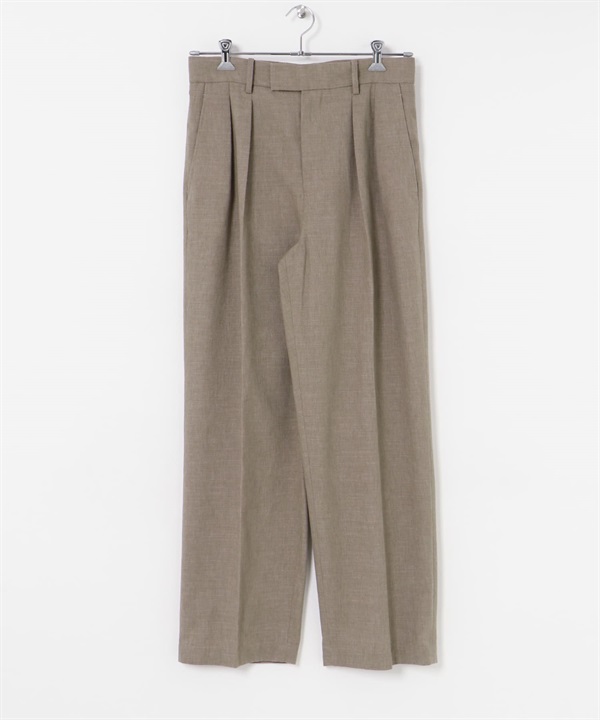亞麻細格紋打褶長褲(褐灰色-M-其他灰色)