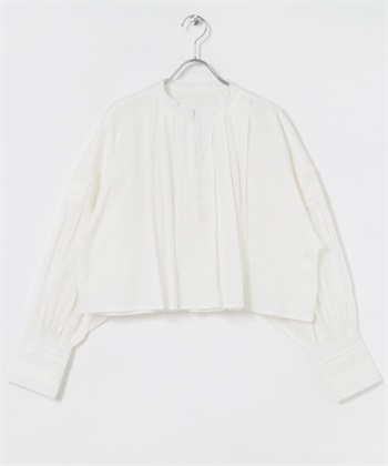 棉質巴里紗打褶短版襯衫(米色-FREE-OFF WHITE)
