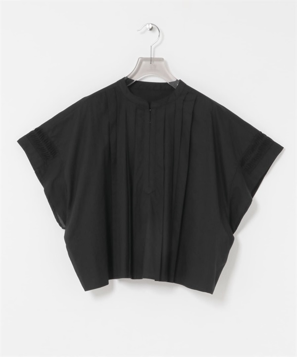 五分袖打褶短版襯衫(黑色-FREE-BLACK)