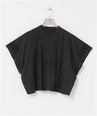 五分袖打褶短版襯衫(黑色-FREE-BLACK)