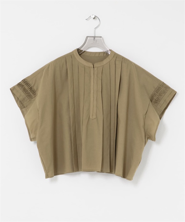 五分袖打褶短版襯衫(卡其膚色-FREE-其他綠色)