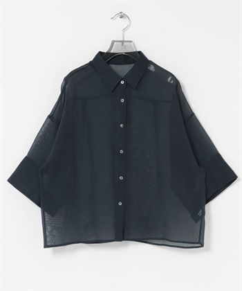 透膚寬袖襯衫(藏青色-FREE-NAVY)