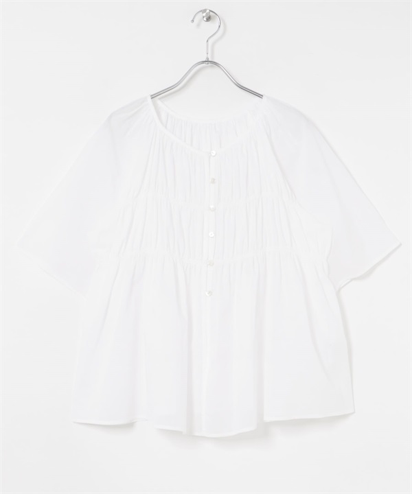 棉質巴里紗鈕扣碎褶罩衫(米色-FREE-OFF WHITE)